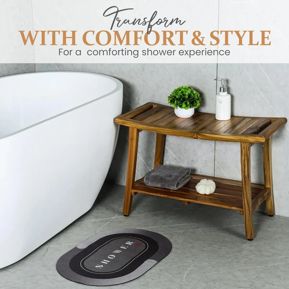 مقعد استحمام أنيق من خشب الساج مع رف مدمج ومقابض سهلة الإمساك