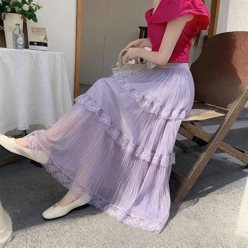 Retro Süßer Weißer Langer Rock für Damen, Lässiger Lockerer Rock mit Hoher Taille, Eleganter Vintage-Rock mit Spitzenbesatz, Koreanischer Sommer-Langrock – Detail 12