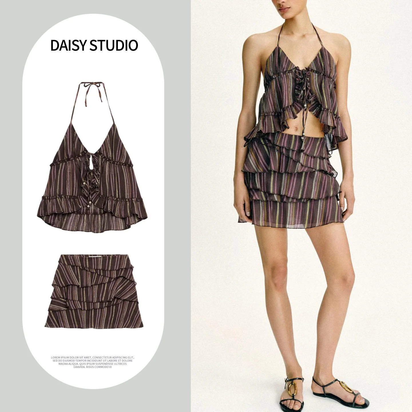 Metallic Color Line Pattern Short Top And Skirt Set Women's Fashion Spring Outfit No Brand Registered Logo Chinese Made