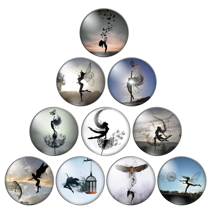 Fashion Angel Fairy dance art paingtings 8mm/12mm/20mm-40mm Round photo Glass Cabochon demo flat back Making findings
