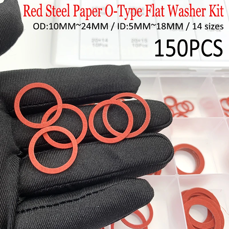 

150 шт., комплект плоских шайб с уплотнительным кольцом из красного волокна, внутренний диаметр 5-18 мм, наружный диаметр 10 ~ 24 мм, износостойкие бумажные уплотнения для насосов, клапанов и механического оборудования