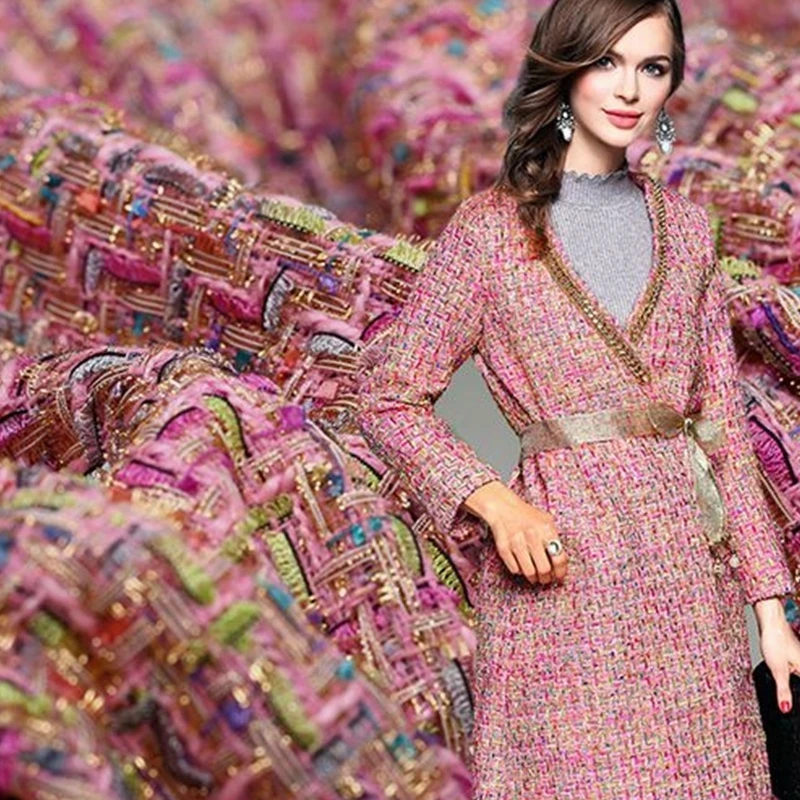 Fashion Pink Color Yarn-Dyed Tweed Fabric For Women Coat Dress Metallic Gold Thread Coat Tweed DIY Cloth Sewing Material