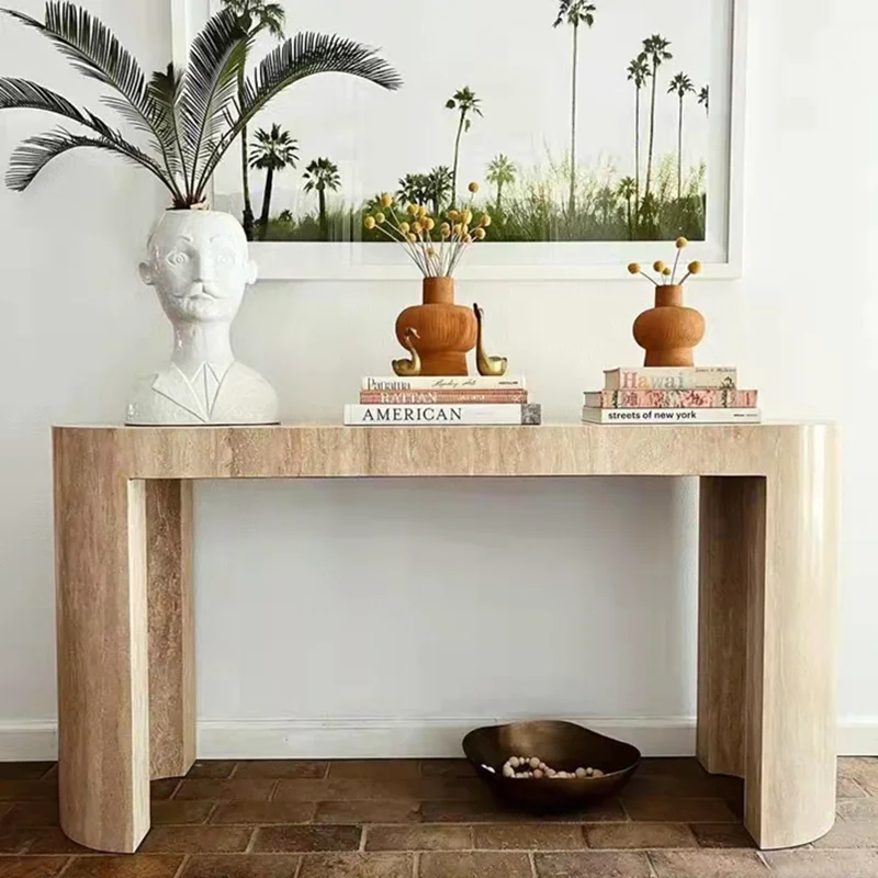 Natural marble entrance table table is surprising, French retro medieval travertine ultra-white entrance table