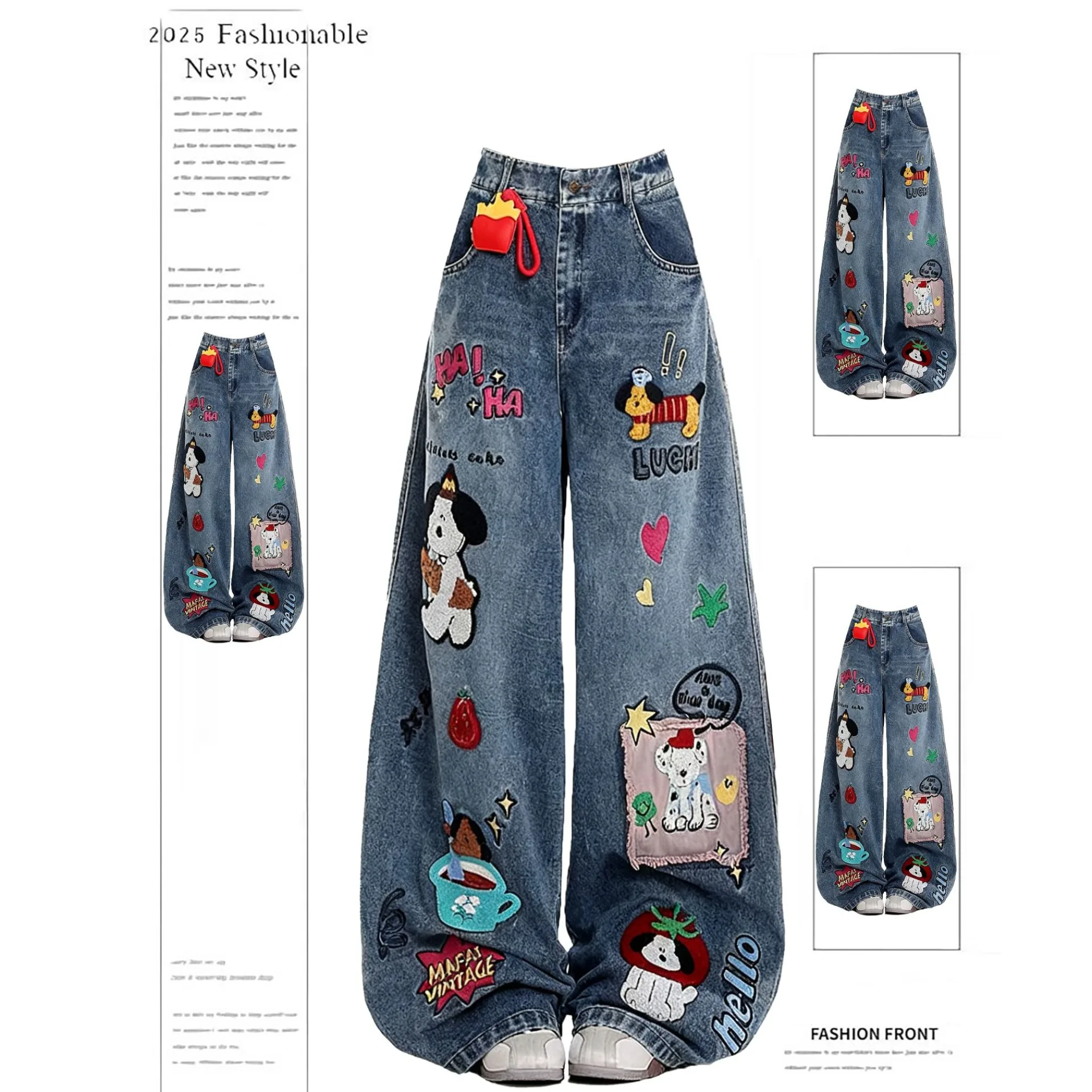 Retro American Cartoon Floing Embroidery Jeans Men Women Cleanfit Waed Loose Wide Leg Pants Couples Casual Loose Fit