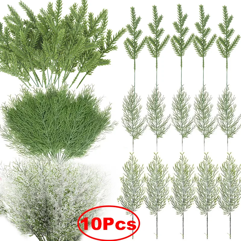 10Pcs Green Christmas Pine Branches Artificial Snow Pine Fake Plants Xmas Tree Wreath Decoration For Home Wedding New Year Gifts