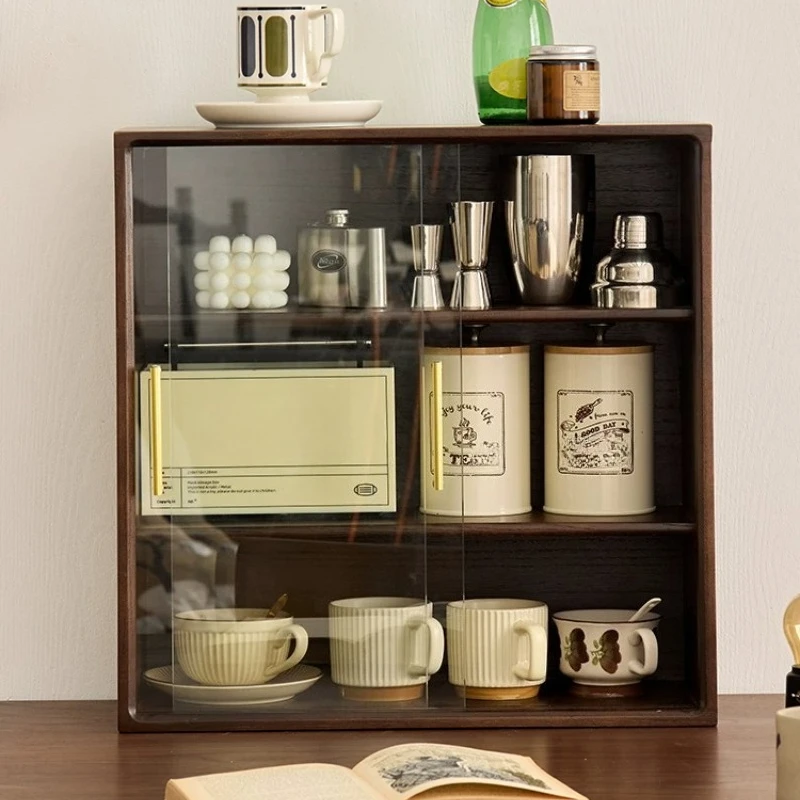 Ash Wood Coffee Mug Display Cabinet Desktop Teaware Storage Box 1.5cm Thick Mortise Eco Friendly Paint High Aesthetic Organizer