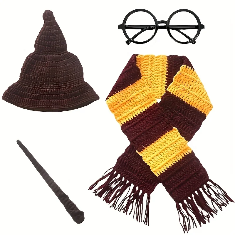 1 Set Cute Wizard Newborn Photography Props  Mixed Color Knitting Hat Scarf and Magic Wand Set for Infant Shooting Accessories view 6