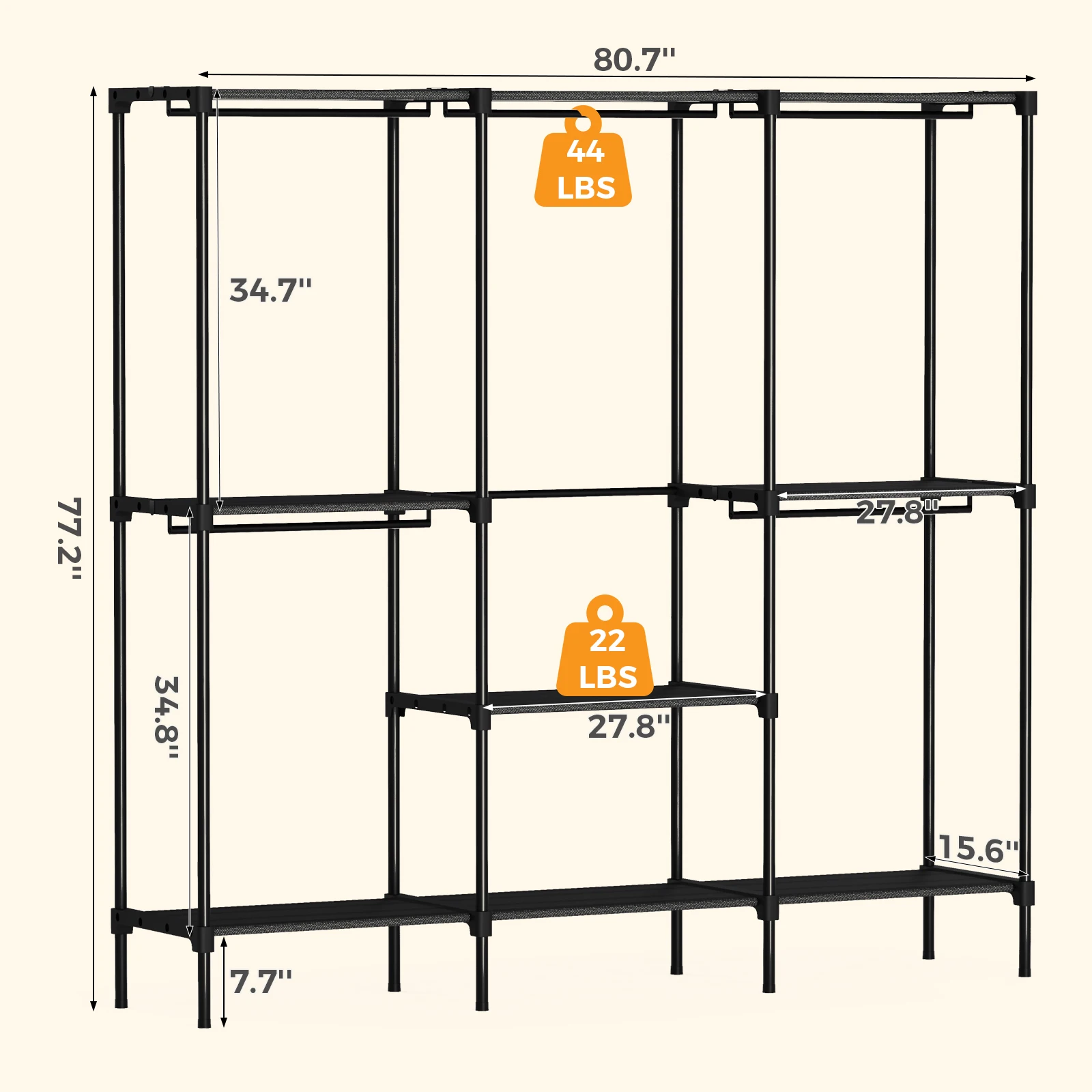 JHK 72IN to 81IN Portable Three Rows Wardrobe Closet with Hanging Rods Clothing Rack with Shelves Mudroom Storage Organizer image 4