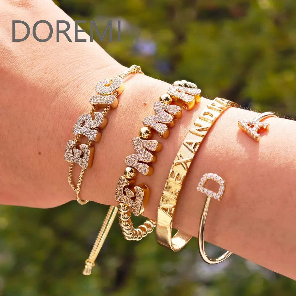 

Double Layered CZ Personalized Initial Letters Customized Jewelry 18k Gold Plated Diamonds Bracelet Fat Bubble Name Bracelet