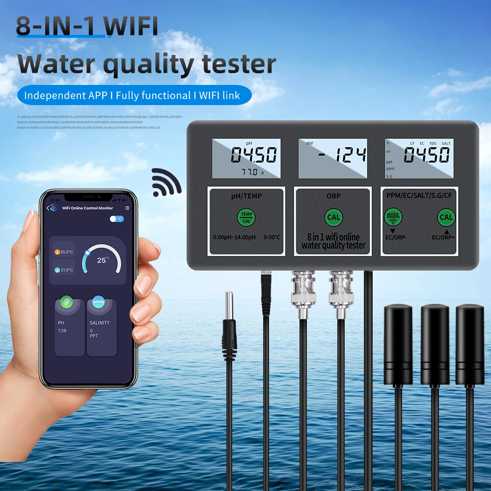 Water Quality Tester pH/ORP/EC/TDS/SALT/S.G/CF/Temperature Online APP Tester 8-in-1 WIFI and Data Transfer for Pools Aquariums