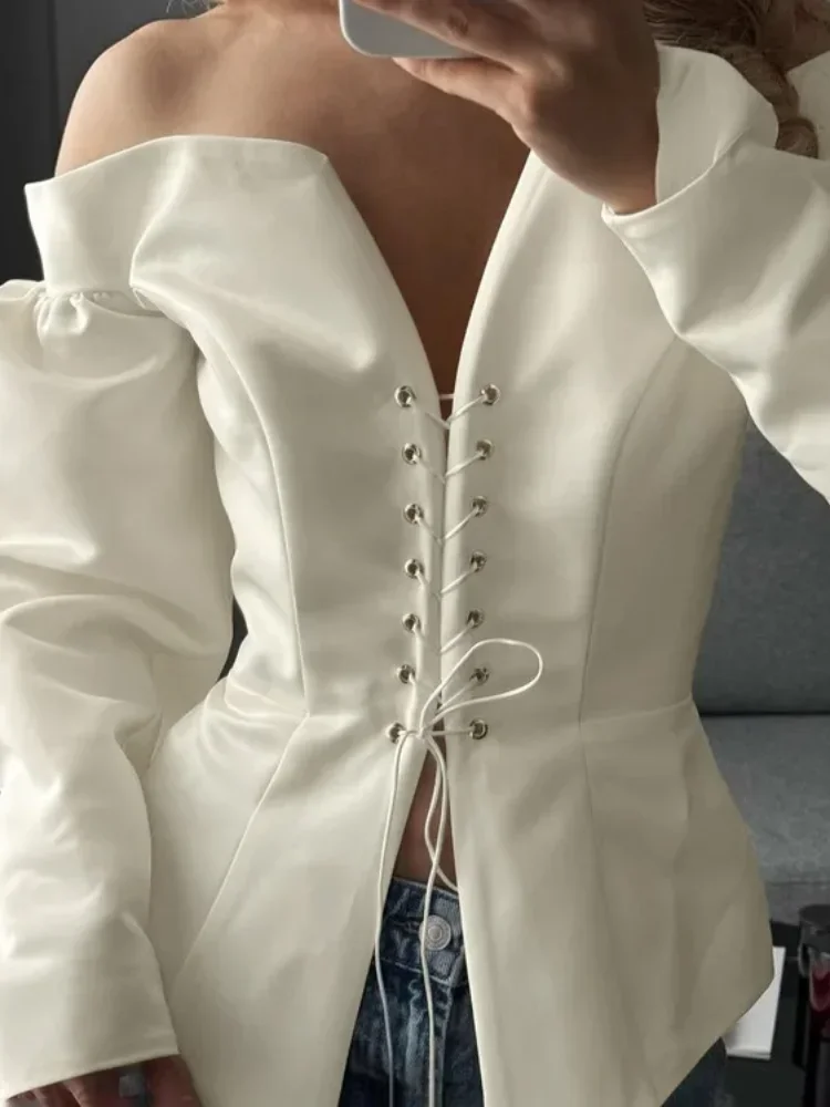 

Женская повседневная блузка 2026 года: элегантная, с длинными рукавами-фонариками, V-образным вырезом, без бретелек, на шнуровке, с утягивающим эффектом на талии