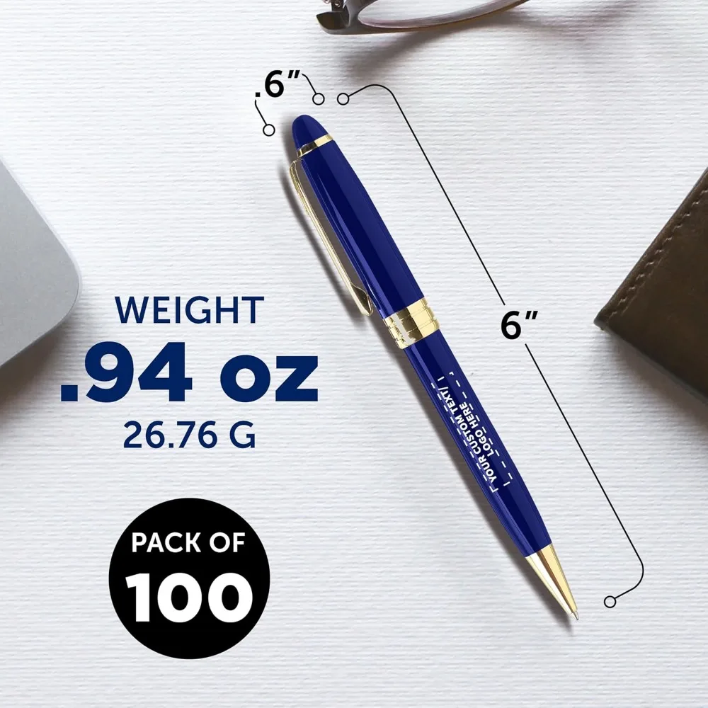 مجموعة أقلام الترا التنفيذية مكونة من 100 قطعة - قابلة للتخصيص مع النص أو الشعار، وحامل ملتوي، وحواف ذهبية، وحبر أزرق - كتابة عالية الجودة
