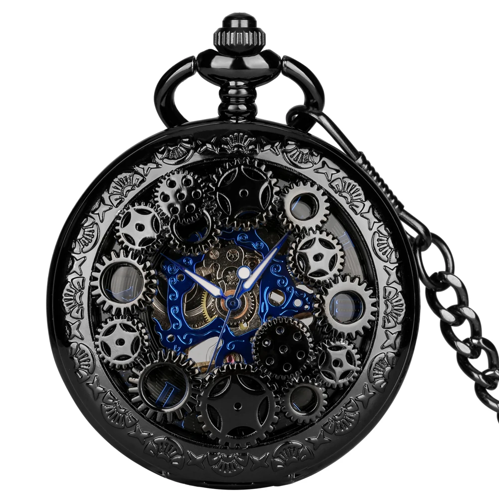 

Steampunk Gearwheel Hollow Manual Mechanical Pocket Watch Stylish Blue Roman Numeral Dial Retro Gentleman Pocket Chain Timepiece