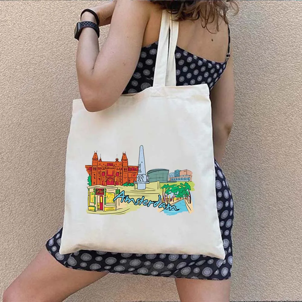 Barcelona Budapest Buenos Antalya Bangkok Canvas Tote Bag Cairo Calgary Cape Town Chicago Travel Art Hand Drawn Painting Handbag