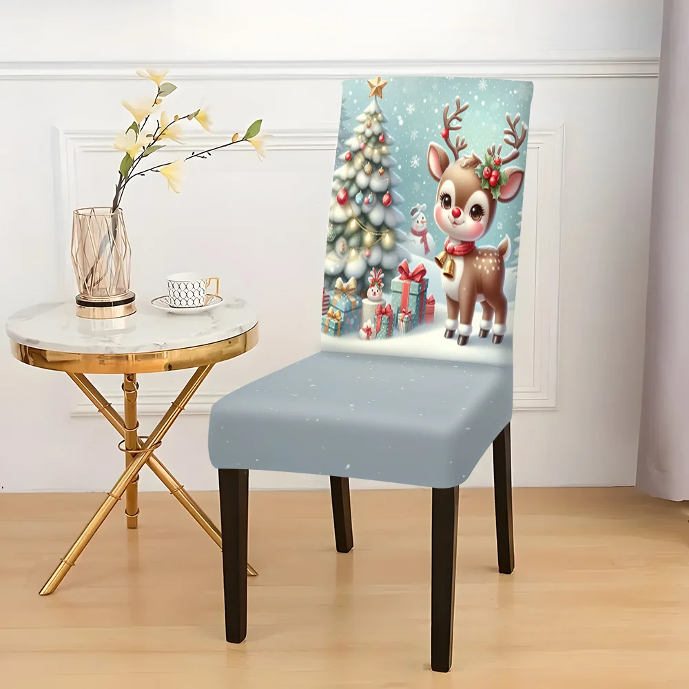 Light Blue Back Print Cartoon Reindeer Christmas Tree Gift Box Snowflake Dining Chair Slipcover Stretch Xmas Holiday Chair Cover