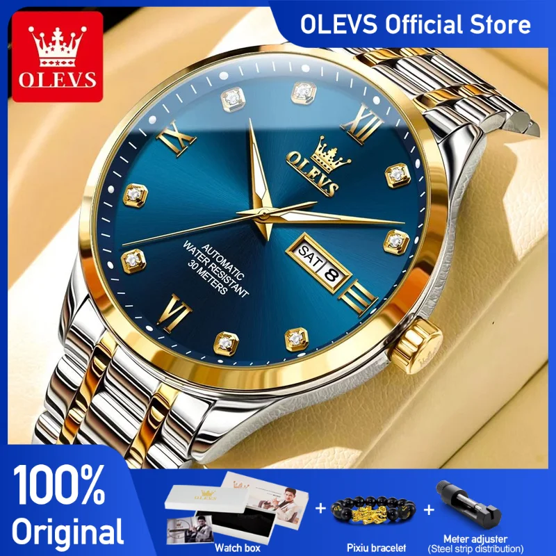 OLEVS Men's Watches Business Dress Automatic Mechanical Wristwatch Waterproof Luminous Watch for Man Date Diamond Scale Simple