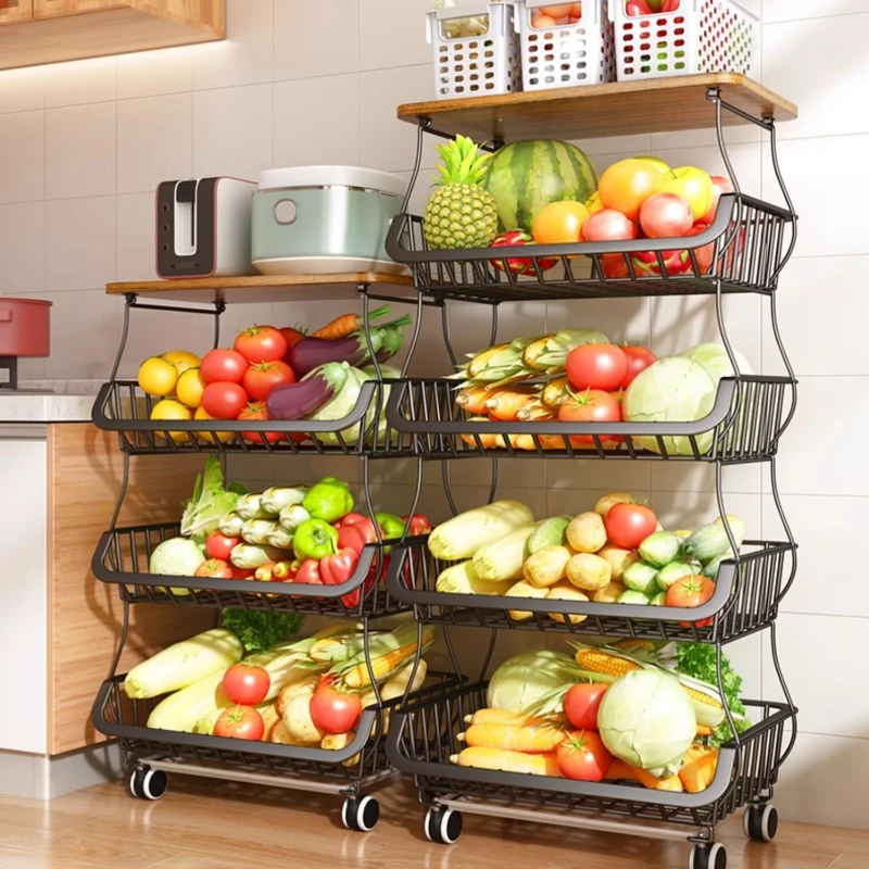 

5-Tier Stackable Fruit Basket Wood Top Kitchen Storage Cart Wire Vegetable Organizer with Wheels White Multi-Use Storage