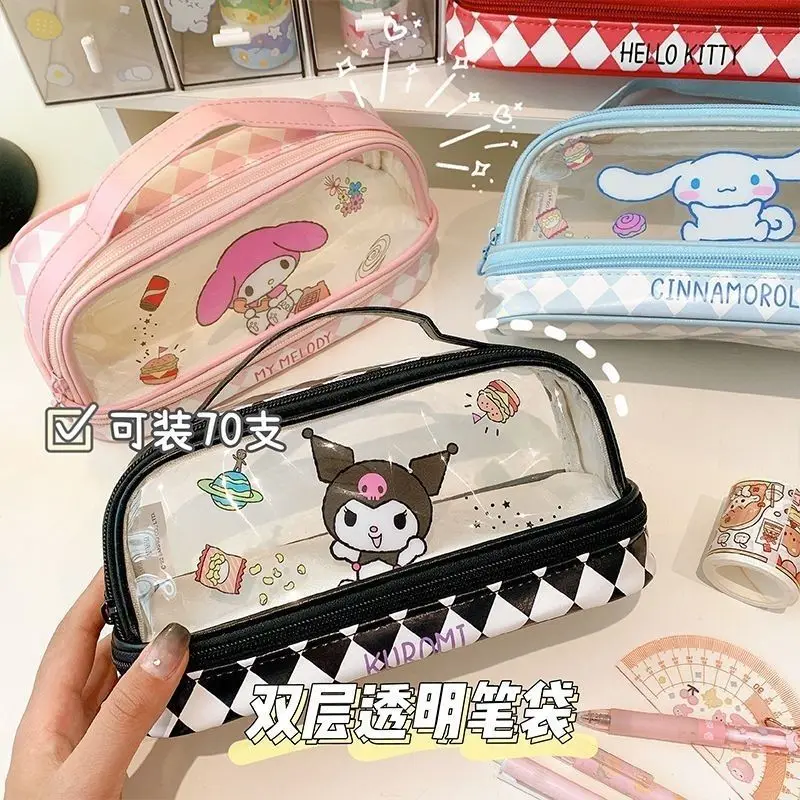 Новый пенал Sanrio Cinnamoroll Hello Kitty Kuromi My melody, милый прозрачный двухслойный чехол для канцелярских принадлежностей большой емкости