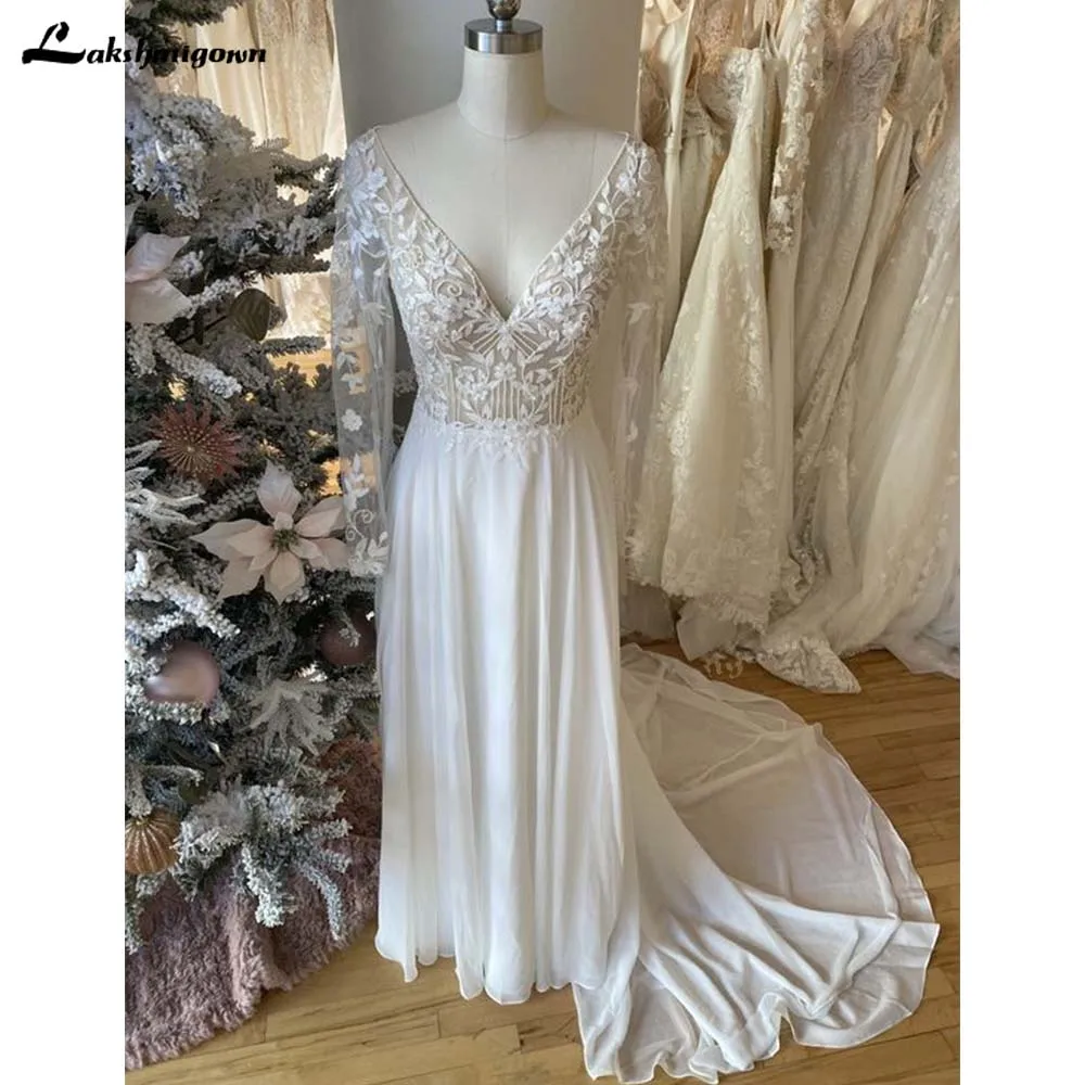 Long Sleeve V-Neck Wedding Dress A-Line Button Chiffon Lace Appliques Elegant Bridal Gown Civil Floor Length Vestidos De Noiva