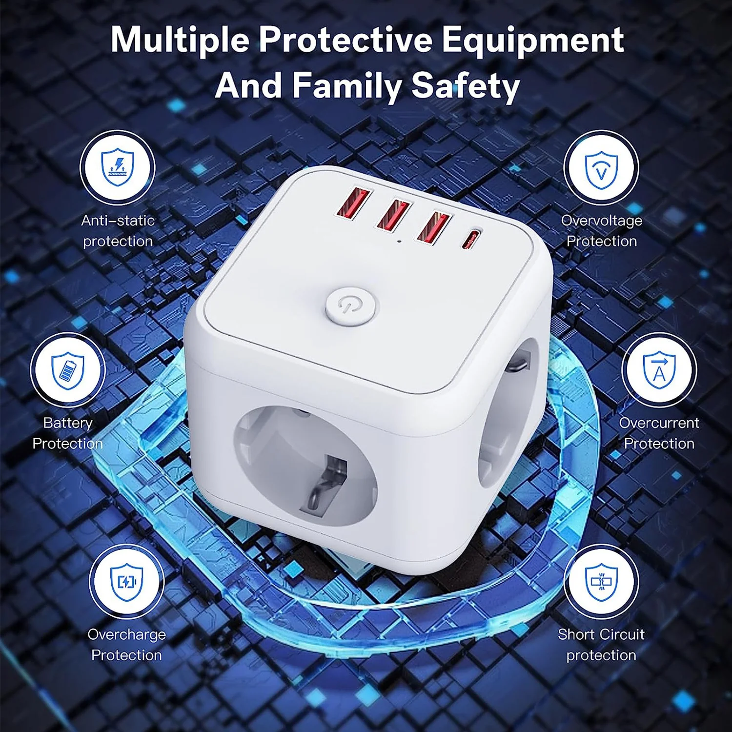 7-IN-1 EU Plug Cube Power Strip, 20W PD Fast Charge, Overload Protection,  Switch, Wall Socket for Home