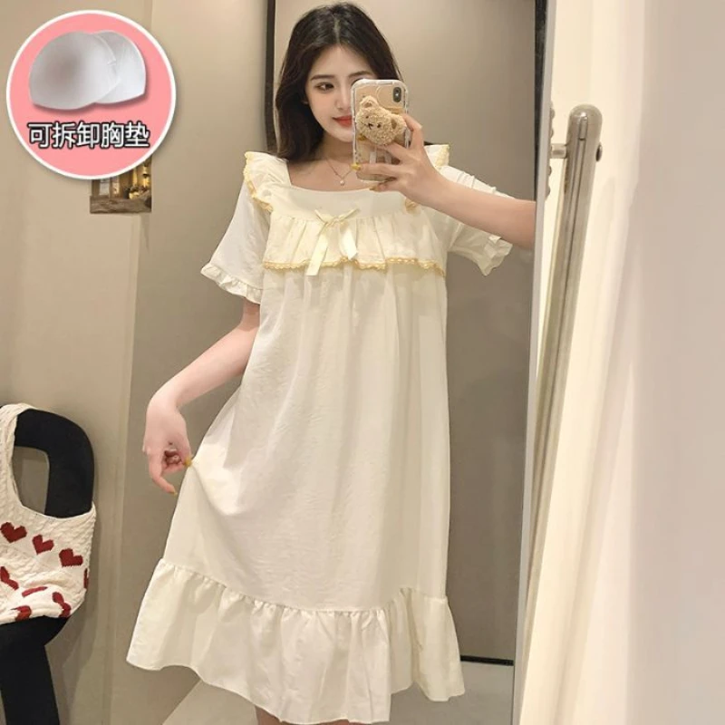 5XL Plus Size Nightgown with Chest Pad Korean Summer Short Sleeve Home Sleep Dress Princess Lace Ruffled Loose Nighties with Bow