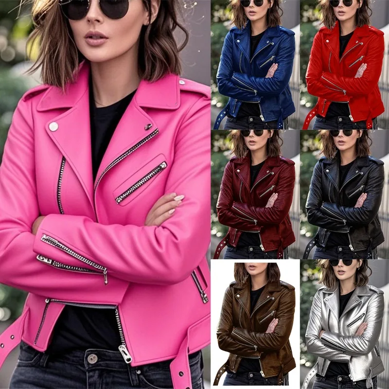 Womens PU Leather Slim Fit Moto Jacket Spring Autumn