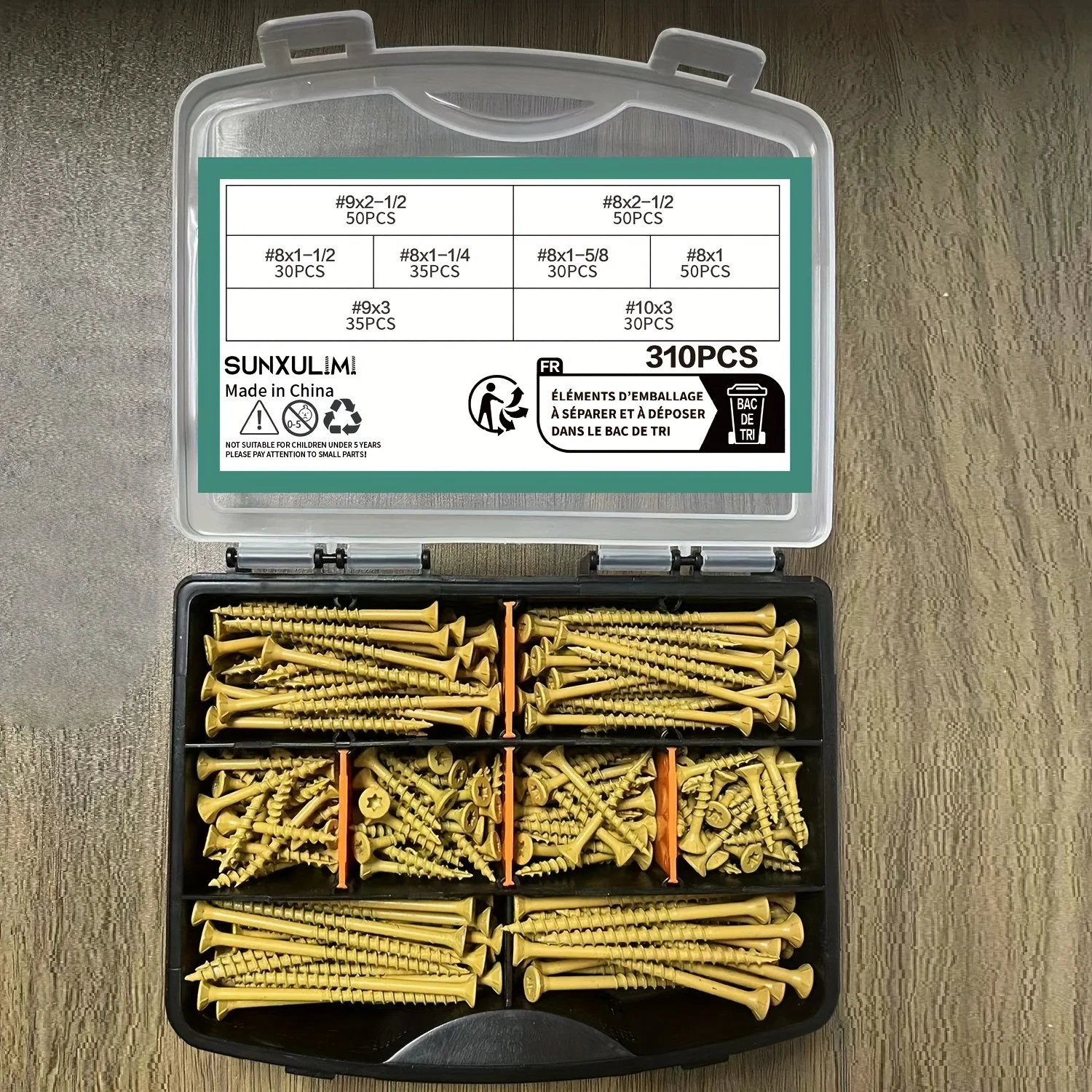 

300Pcs Kaibced Wood Screws Assortment Kits, #8#9#10 eight Size Deck Screws Star Drive Screws with Coarse Thread