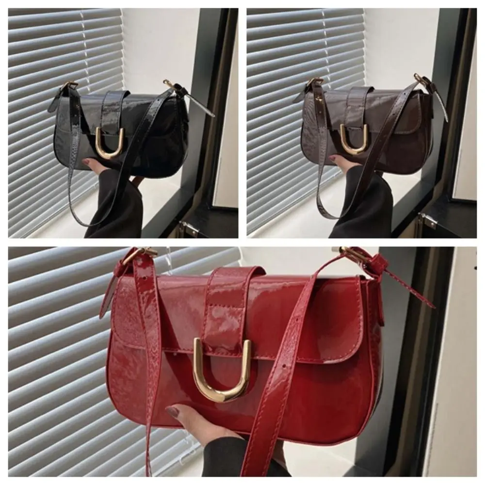 Bolso de hombro de charol con cierre de Vachette, bolso cruzado con solapa de lujo brillante de gran capacidad, correa ajustable de Color sólido