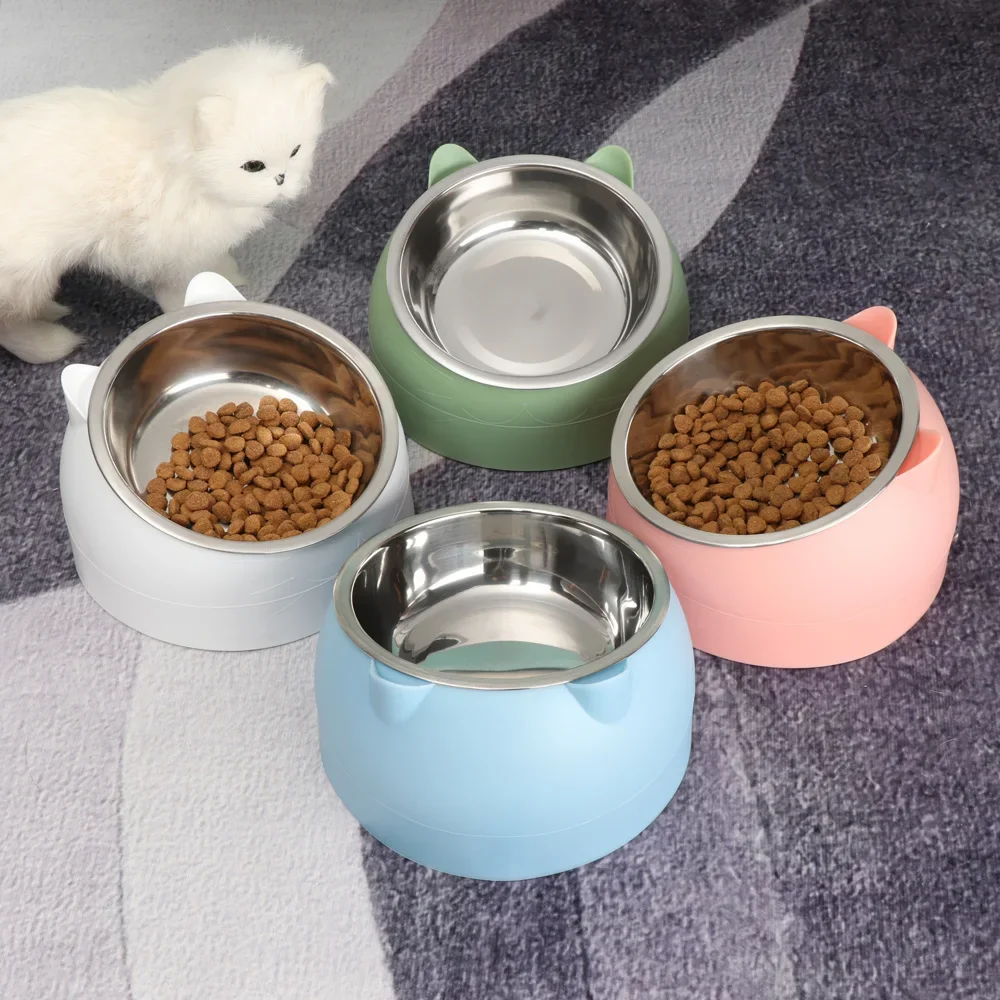 Cute Cat Dog Bowl Protect The Cervical Spine Oblique Mouth Pet Stainless Steel Fall-resistant Durable Food Bowl Pet Supplies