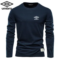 Umbro-Camiseta de manga comprida masculina, 100% algodão puro, gola redonda, bordada, casual, elegante, esportes ao ar livre