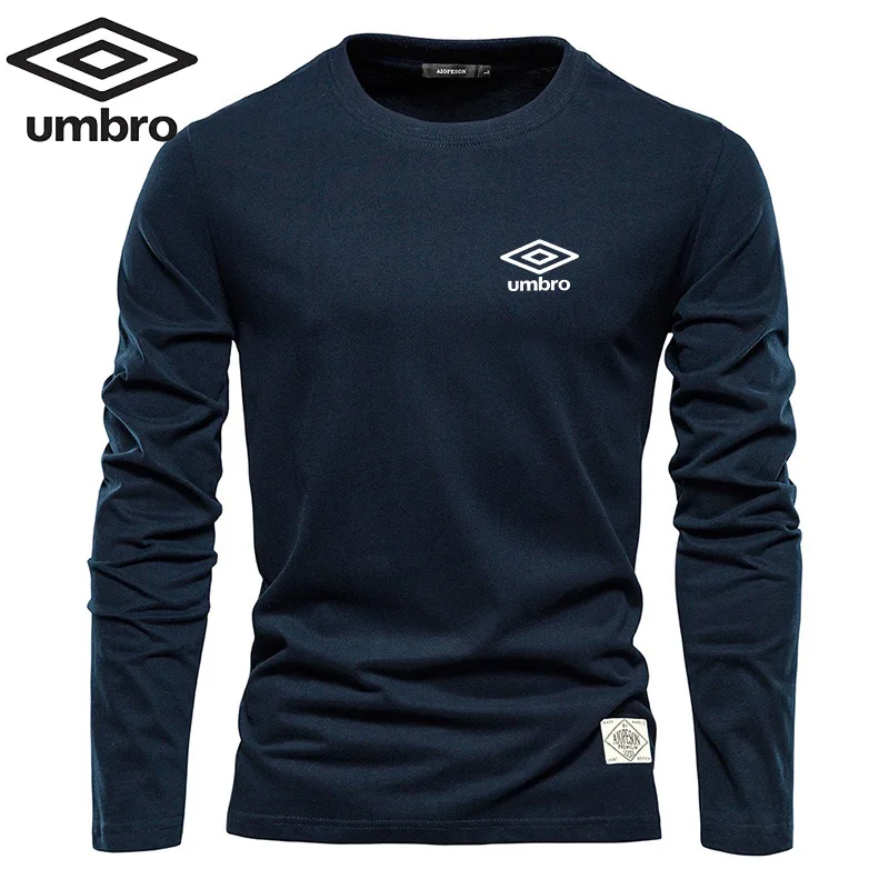 남성용 자수 Umbro 100% 순면 라운드넥 긴팔 티셔츠, 캐주얼 및 패셔너블한 야외 스포츠, 고품질 