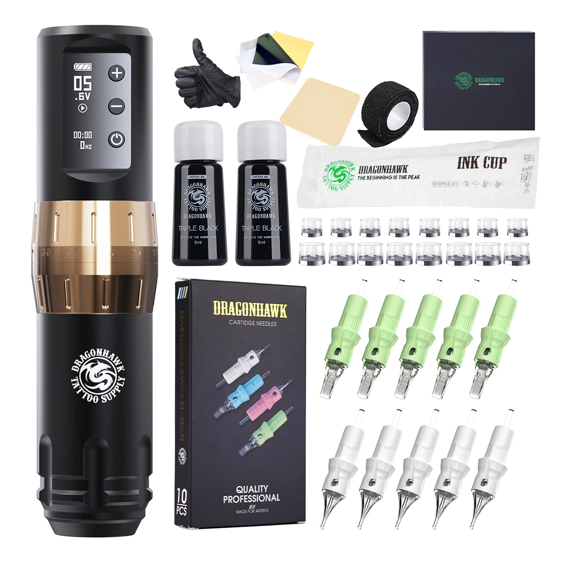 Dragonhawk Wireless Able Tattoo Pen Machine Kit Tattoo Needles Cartridges Set Black Tattoo Inks