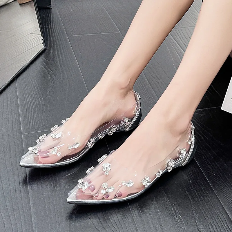 Silver Transparent Rhinestone High Heels Women 2024 Summer Banquet Red Bottom Fine Heel Crystal Wedding Shoes Tacones Mujer