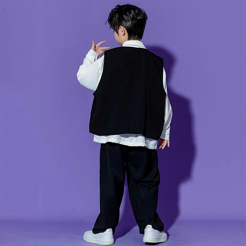어린이 힙합 의류, 흰색 셔츠, 블랙 셔플 바지, 소년 소녀 스트리트 댄스복, 재즈 댄스 코스튬, 어린이 스트리트웨어, VDL2797