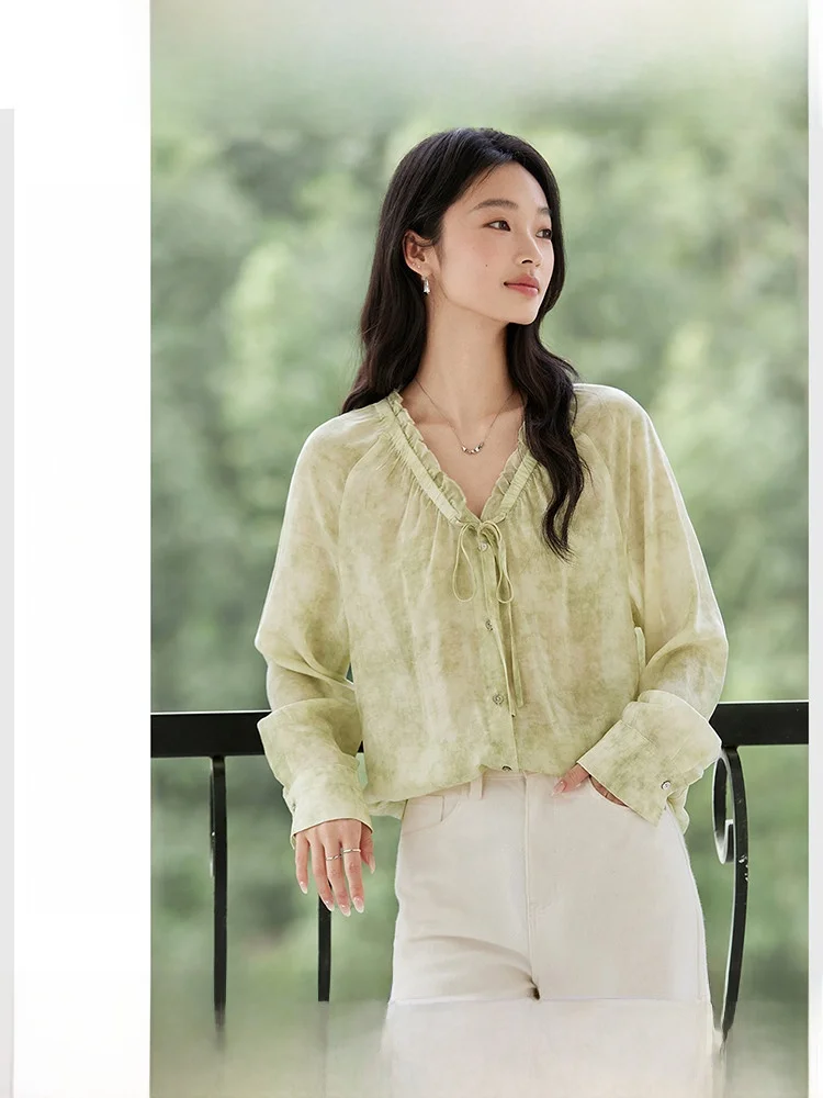 

Vimly Women's Ruffle Sve irt V-Ne Casual Loose Fit Versatile Slimming Top Autumn New Sle 00% Lyocell Fiber