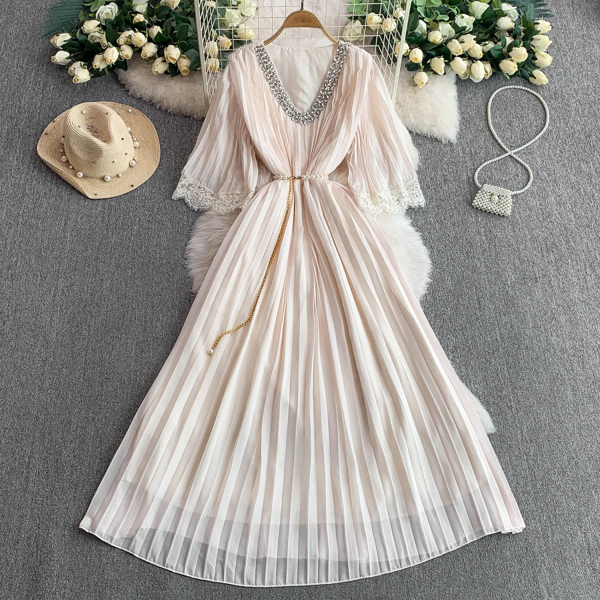 

French Diamond V-neck Dress Belt Elegant Lace Trumpet Sleeve Pleated Long Dress Women 2025 Holiday Style Boho Beach Dress