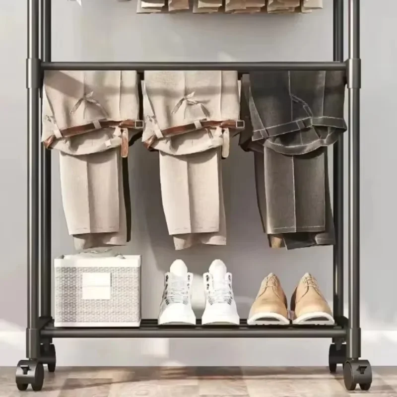 1PC Movable Bedroom Clothes Rack Floor Standing Double Rod Organizer Sheif with Bottom Shelf and Side Hooks for Coat Hat Storage image 3