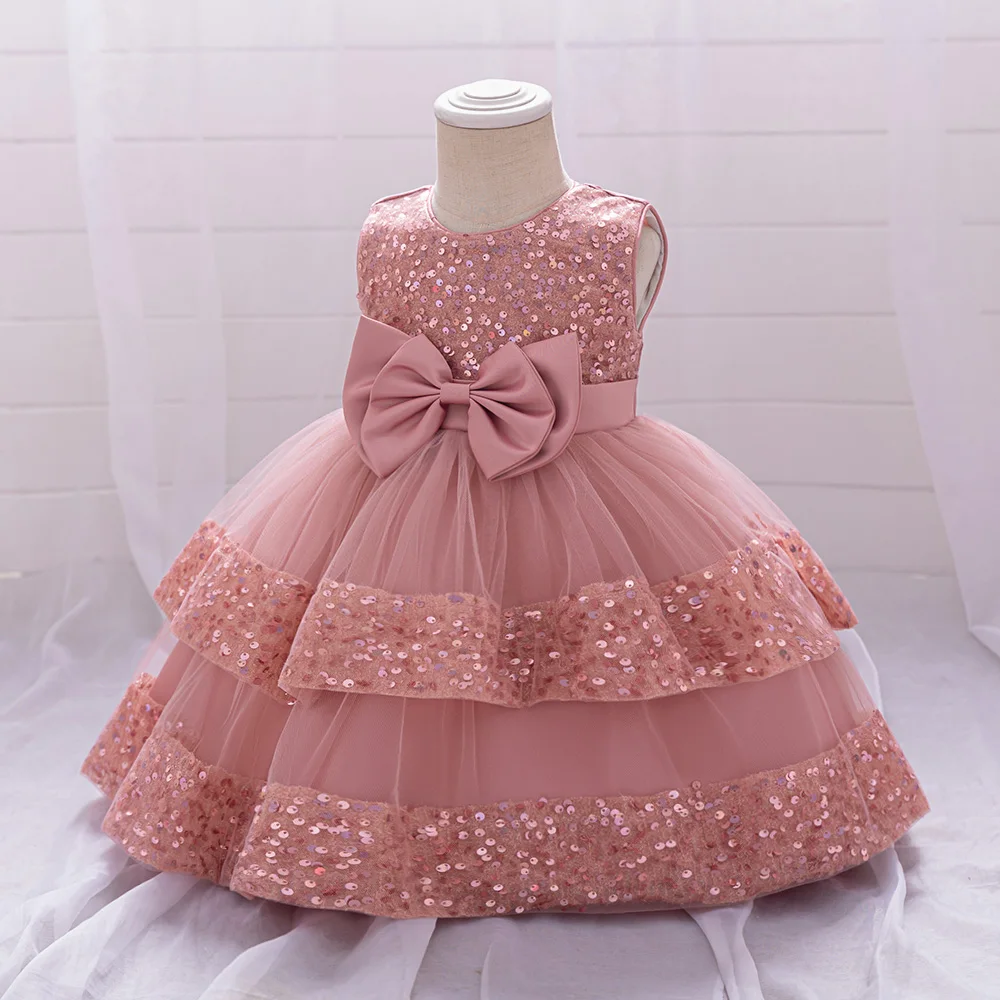 Sequin Bow Baby Girl Clothes 1st Birthday Dress For Baptism Princess Elegant kids Clothes Party Wedding Gown Costume Vestidos