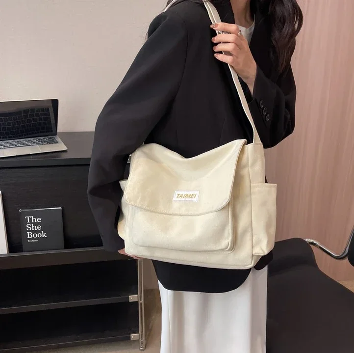 Female Casual College School Canvas Postman Messenger Bag with Zipper Big Capacity Book Laptop Work Pockets Side Crossbody Bag