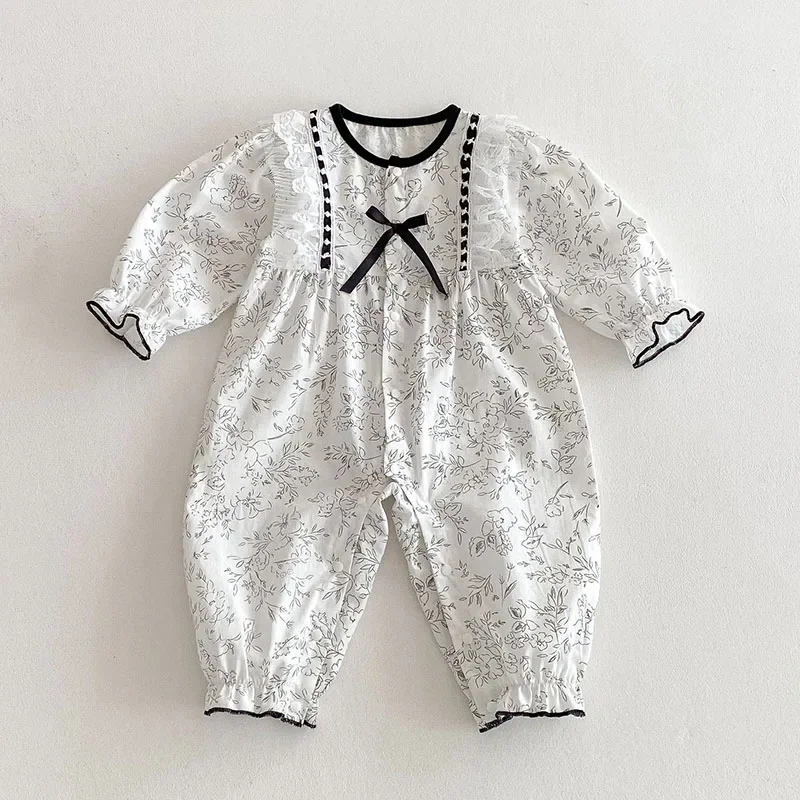 2025 New Spring Toddler Baby Girl Romper Long Sleeved Cotton Flower Print Newborn Baby Girl Jumpsuit 0-24M Children Clothes