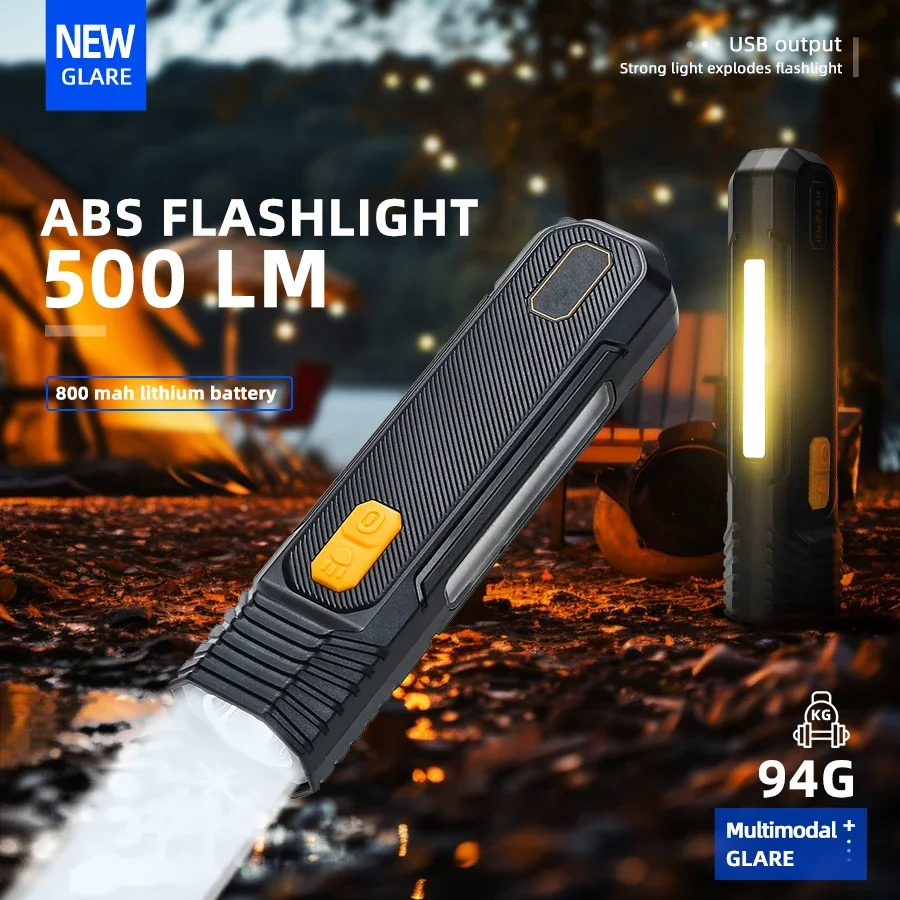 LED COB Light Source Flashlight Lightweight Torch With Power Indicator Rechargeable Red Blue Warning Light Portable Pocket Light