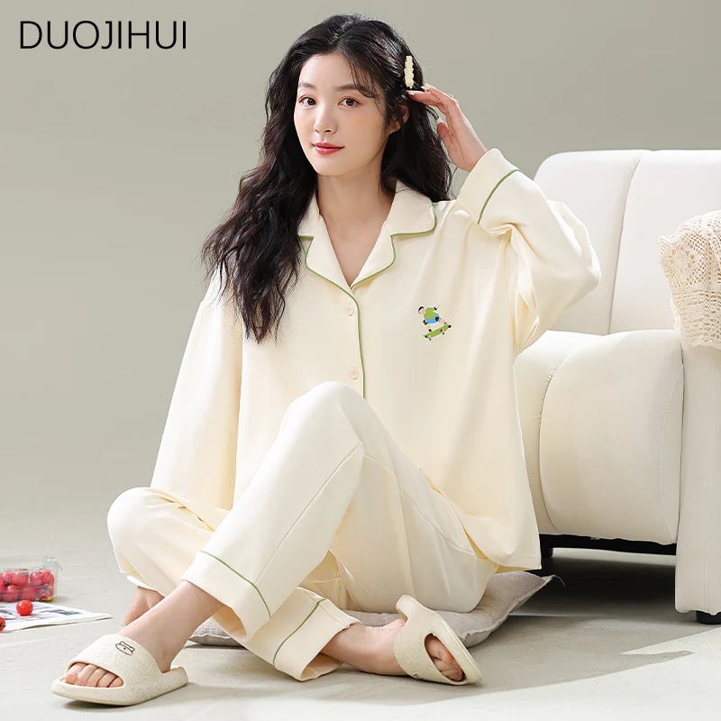 DUOJIHUI Korean Chic Printing Contrast Color Female Pajamas Sets Basic Cardigan Simple Pant Loose Casual Home Pajamas for Women