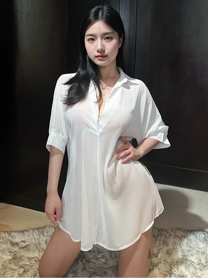 Sexy borboleta volta aberta manga longa designer botão acima camisa feminina quente transparente pijamas moda transparente topos ivk8