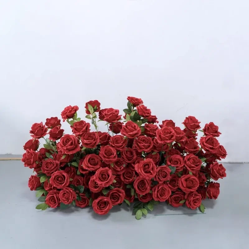 Artificial Red Rose Wedding Backdrop Decoration Floral Arrangement Event Party Stage Decor Long Flower Runner Window Decorative