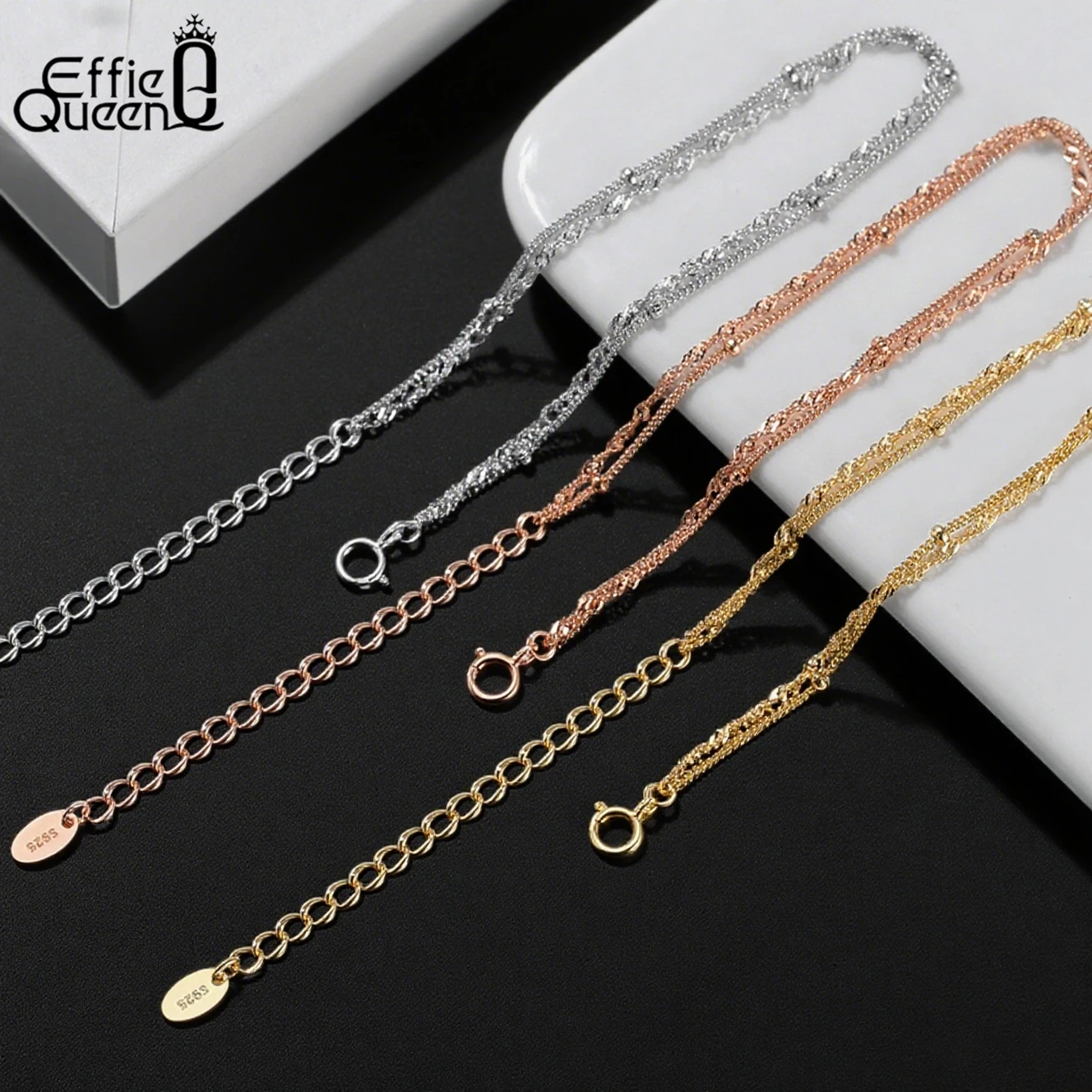 

EFFIE QUEEN 2025 Trend Bracelet 14K Gold Chic 925 Sterling Silver Double Laryered Beads & Ripple Chain Ideal Jewelry Gift SB131