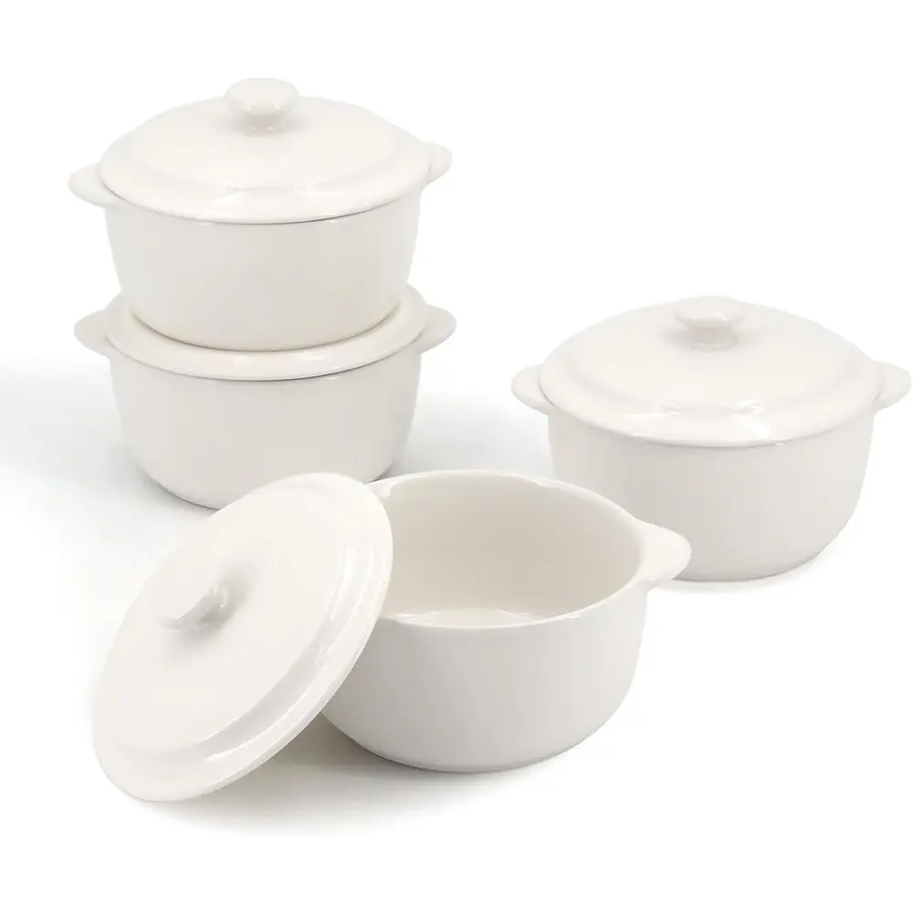 

Набор из 4 мини-форм для запекания с ручками и крышками, 10 унций, для духовки, подходят для супов, десертов и выпечки, белые