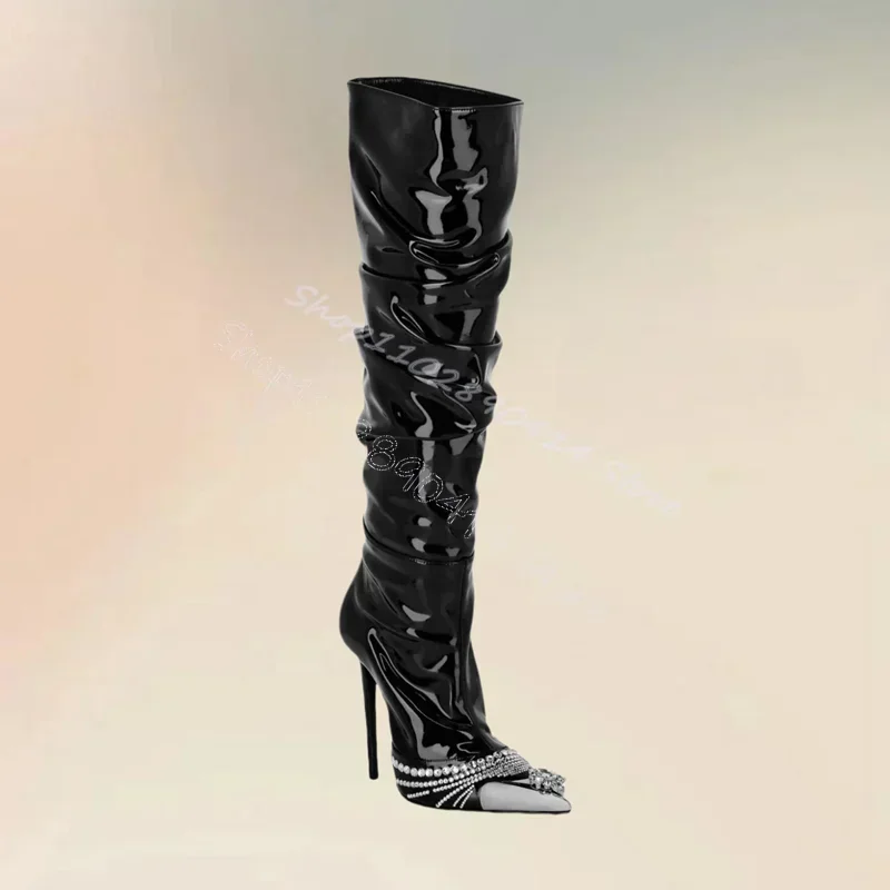 Crystal Decor Black Pleated Design Pointed Toe Boots Slip On Women Shoes Thin High Heels Sexy Banquet 2024 Zapatos Para Mujere