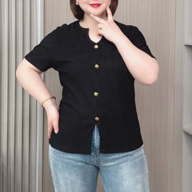 Summer short-sleeved T-shirt Women 2024 New Plus Size Women Thin Pullover Small V-neck Metal Button Decoration Tees