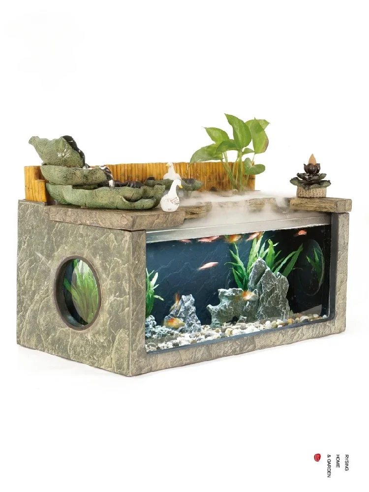 

Chinese style landscape fish farming, flowing water decorations, circulating water, living room, fish tank, landscaping tea