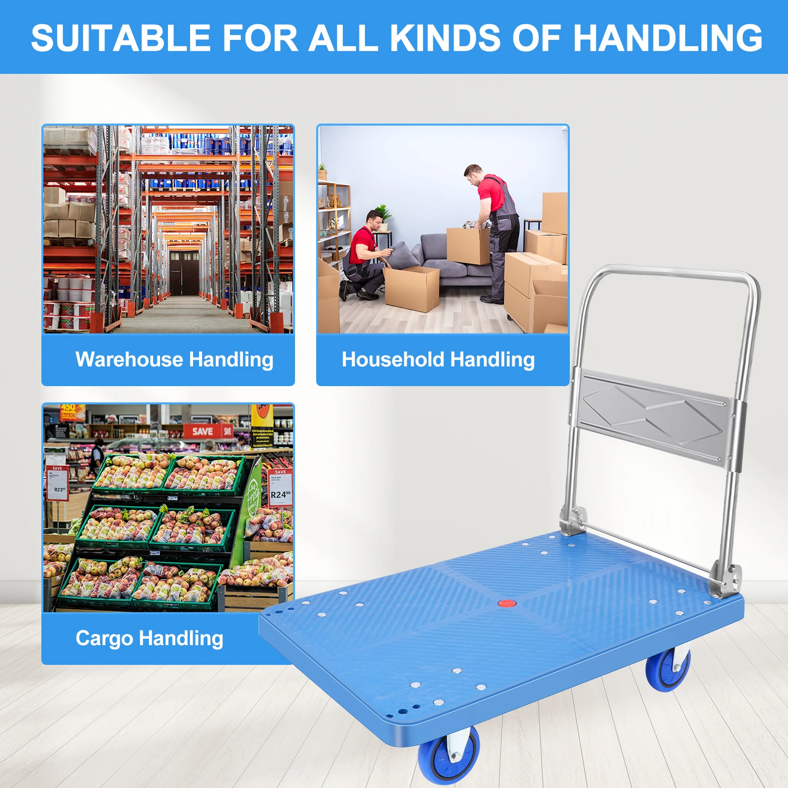 Platform Trucks, Dolly Cart Heavy Duty 500 LBS Capacity, Steel Foldable Push Cart Dolly Large Flatbed Cart w/360 Degree